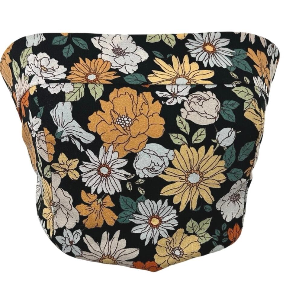 LE LIS Floral Strapless Corset Crop Top M Black Smocked Back Cottagecore Boho